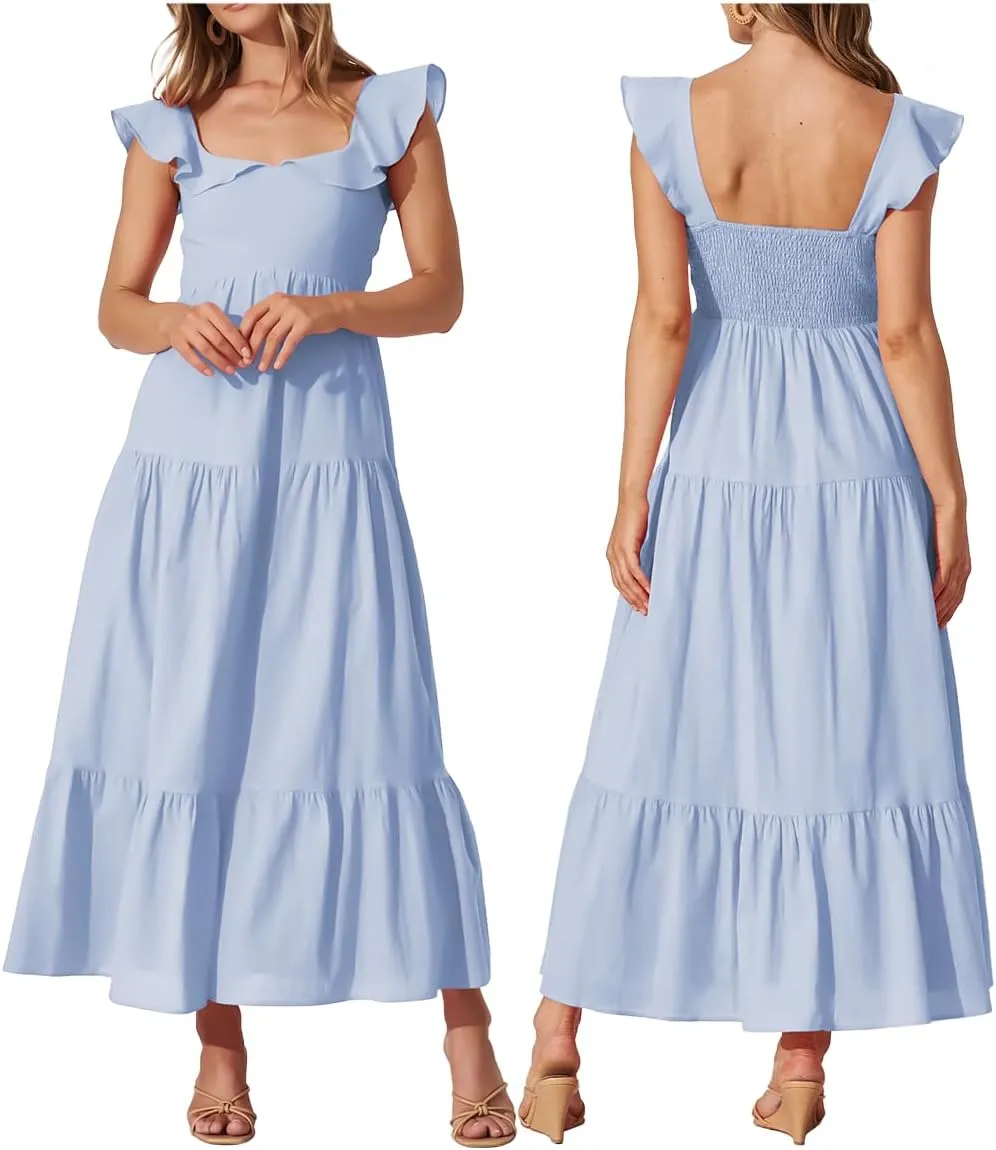 Women's Summer Sleeveless Ruffle Dresses 2024 Square Neck Smocked Backless Boho Flowy Beach A-Line Maxi Sundress