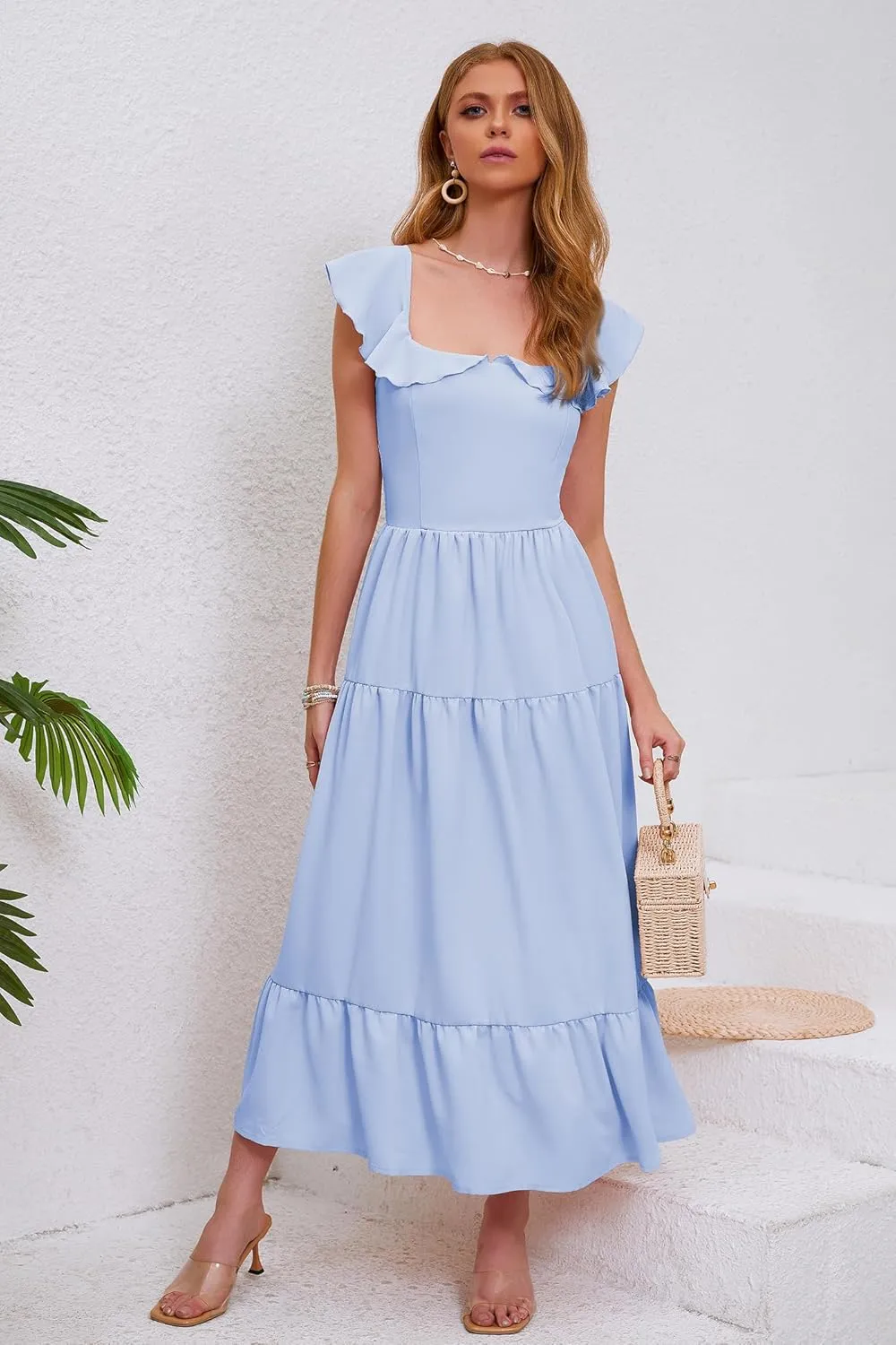 Women's Summer Sleeveless Ruffle Dresses 2024 Square Neck Smocked Backless Boho Flowy Beach A-Line Maxi Sundress