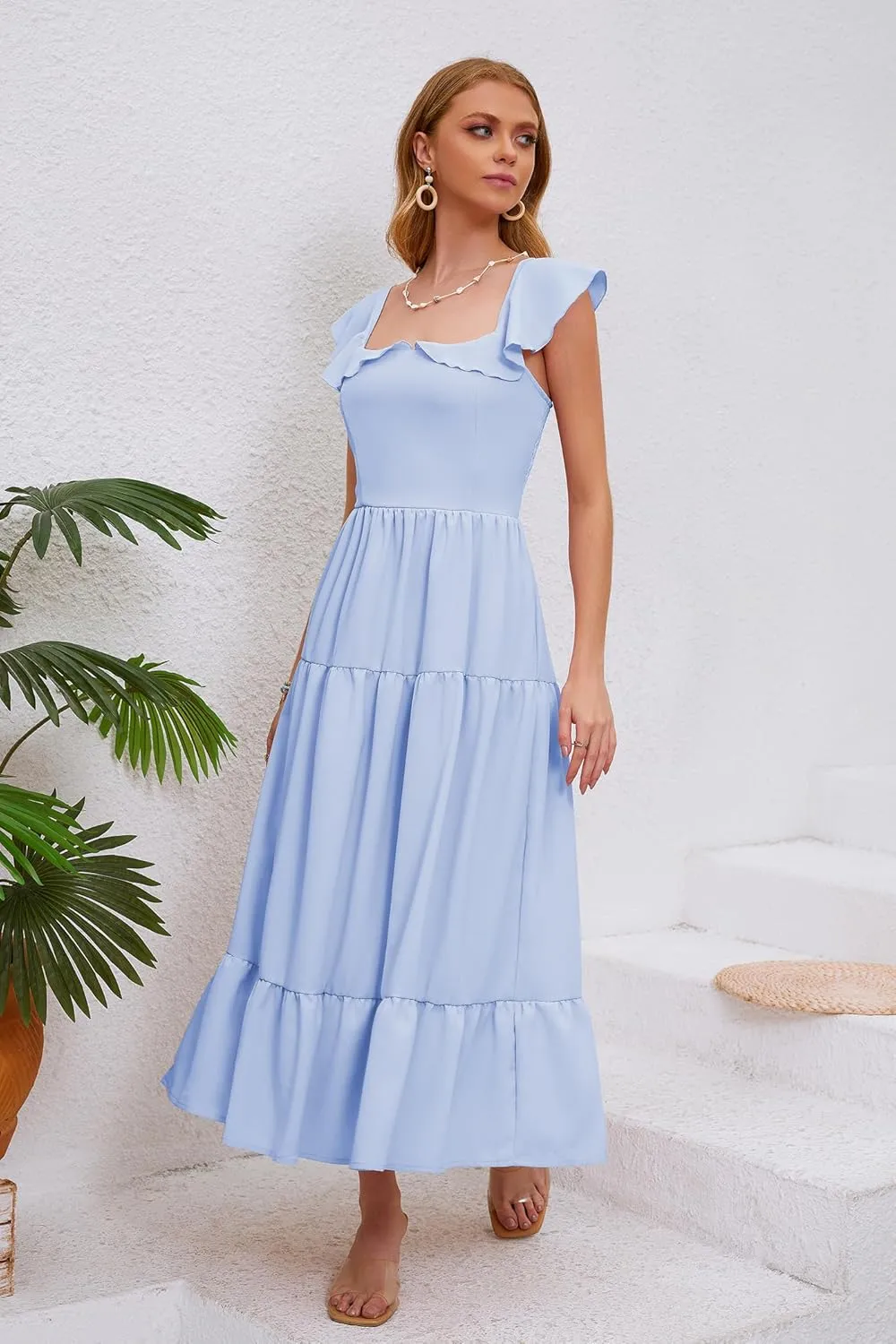 Women's Summer Sleeveless Ruffle Dresses 2024 Square Neck Smocked Backless Boho Flowy Beach A-Line Maxi Sundress