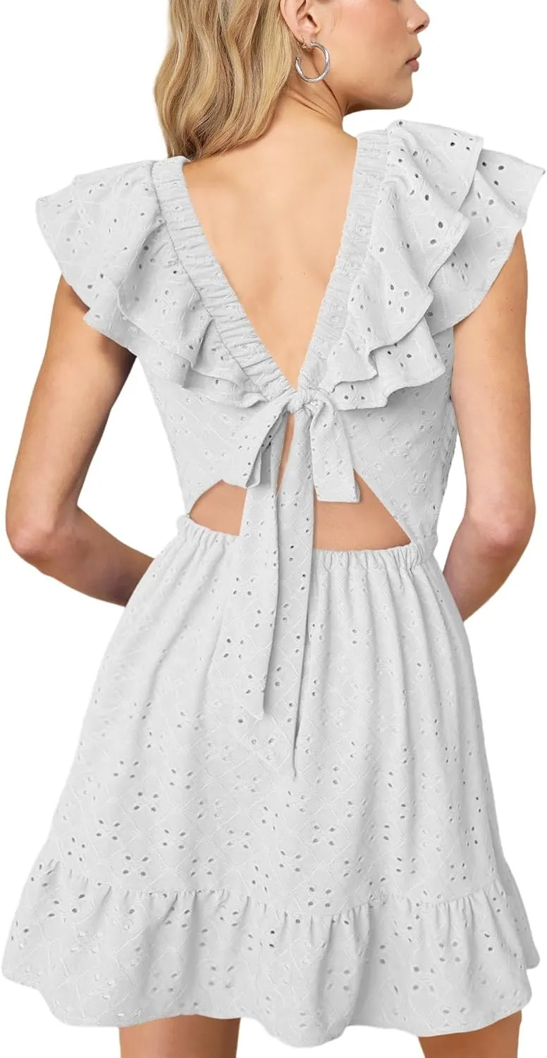 Womens Summer V Neck Tie Back Ruffle Sleeve Hollow Out Casual A-Line Babydoll Swing Flowy Short Mini Dress