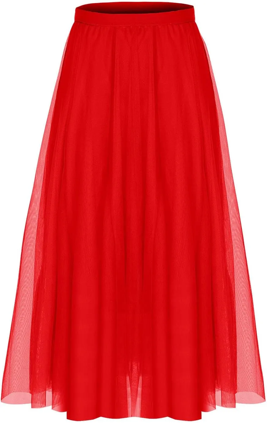 Womens Tulle Skirt Elegant Pleated Skirts for Women Midi Length Elastic Waist Skirts Party Evening A Line Tutu Skirts
