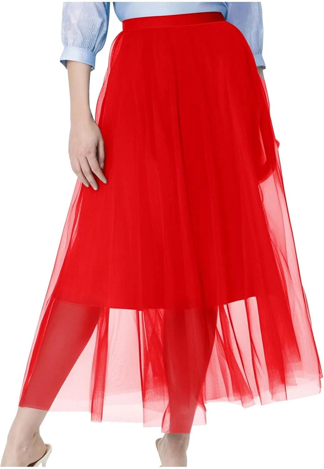 Womens Tulle Skirt Elegant Pleated Skirts for Women Midi Length Elastic Waist Skirts Party Evening A Line Tutu Skirts
