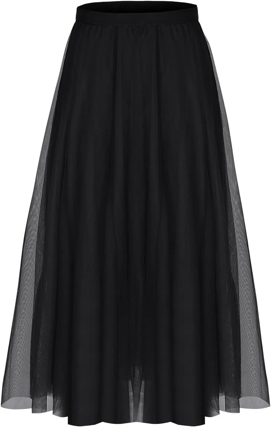 Womens Tulle Skirt Elegant Pleated Skirts for Women Midi Length Elastic Waist Skirts Party Evening A Line Tutu Skirts