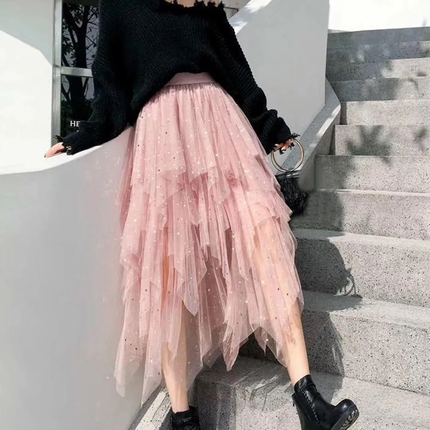 Womens Tulle Skirts Midi Elastic High Waist Pleated Mesh Flowy A-Line Party Long Tutu Skirts Asymmetrical Midi Length