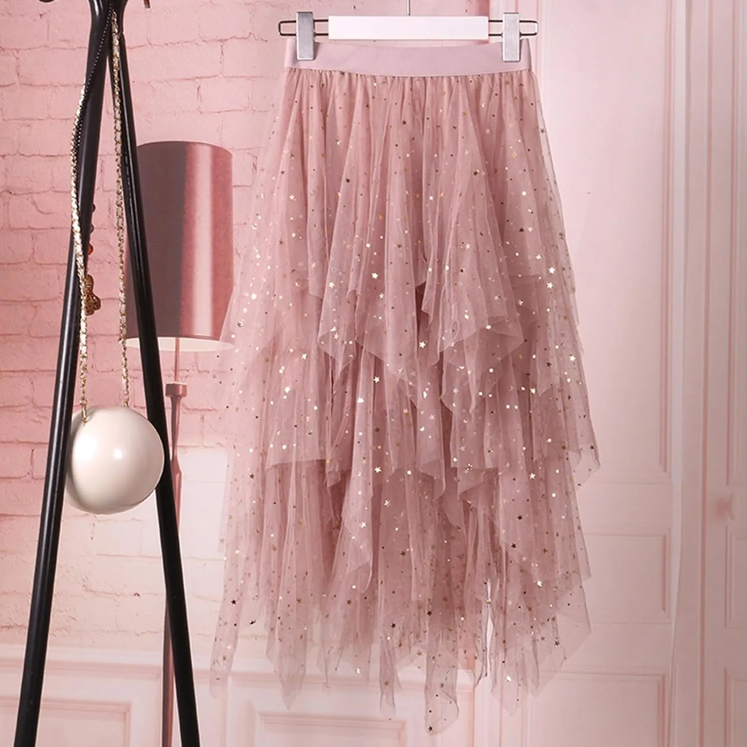 Womens Tulle Skirts Midi Elastic High Waist Pleated Mesh Flowy A-Line Party Long Tutu Skirts Asymmetrical Midi Length