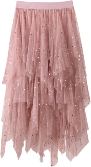 Womens Tulle Skirts Midi Elastic High Waist Pleated Mesh Flowy A-Line Party Long Tutu Skirts Asymmetrical Midi Length