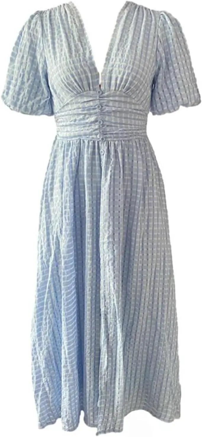 Women's V-Neck Dresses Puff Sleeve Split Solid Summer A-line Maxi Long Sundress Button Beach Party Dress