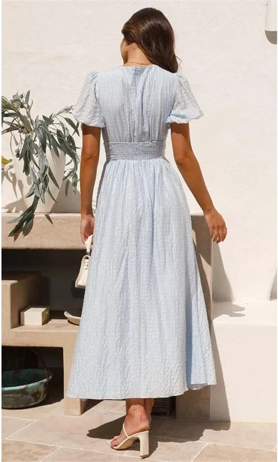 Women's V-Neck Dresses Puff Sleeve Split Solid Summer A-line Maxi Long Sundress Button Beach Party Dress