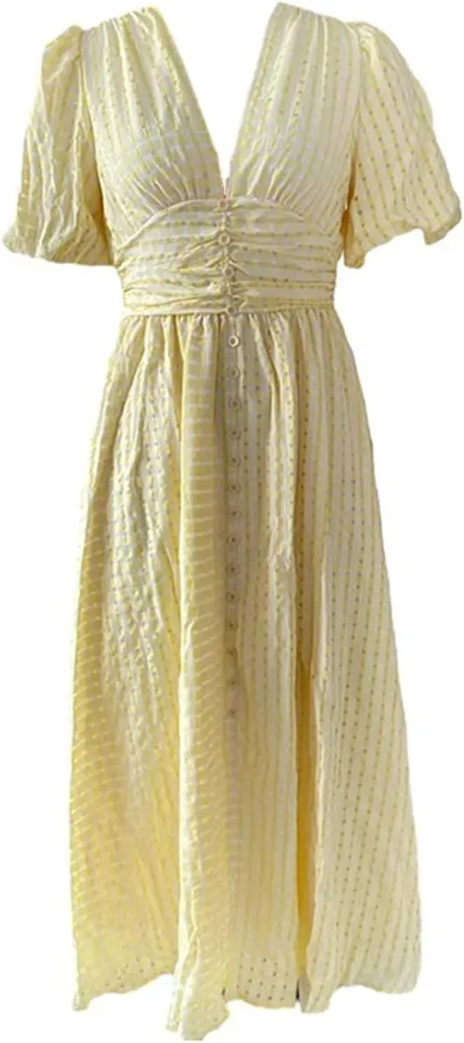 Women's V-Neck Dresses Puff Sleeve Split Solid Summer A-line Maxi Long Sundress Button Beach Party Dress