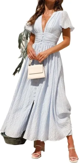 Women's V-Neck Dresses Puff Sleeve Split Solid Summer A-line Maxi Long Sundress Button Beach Party Dress