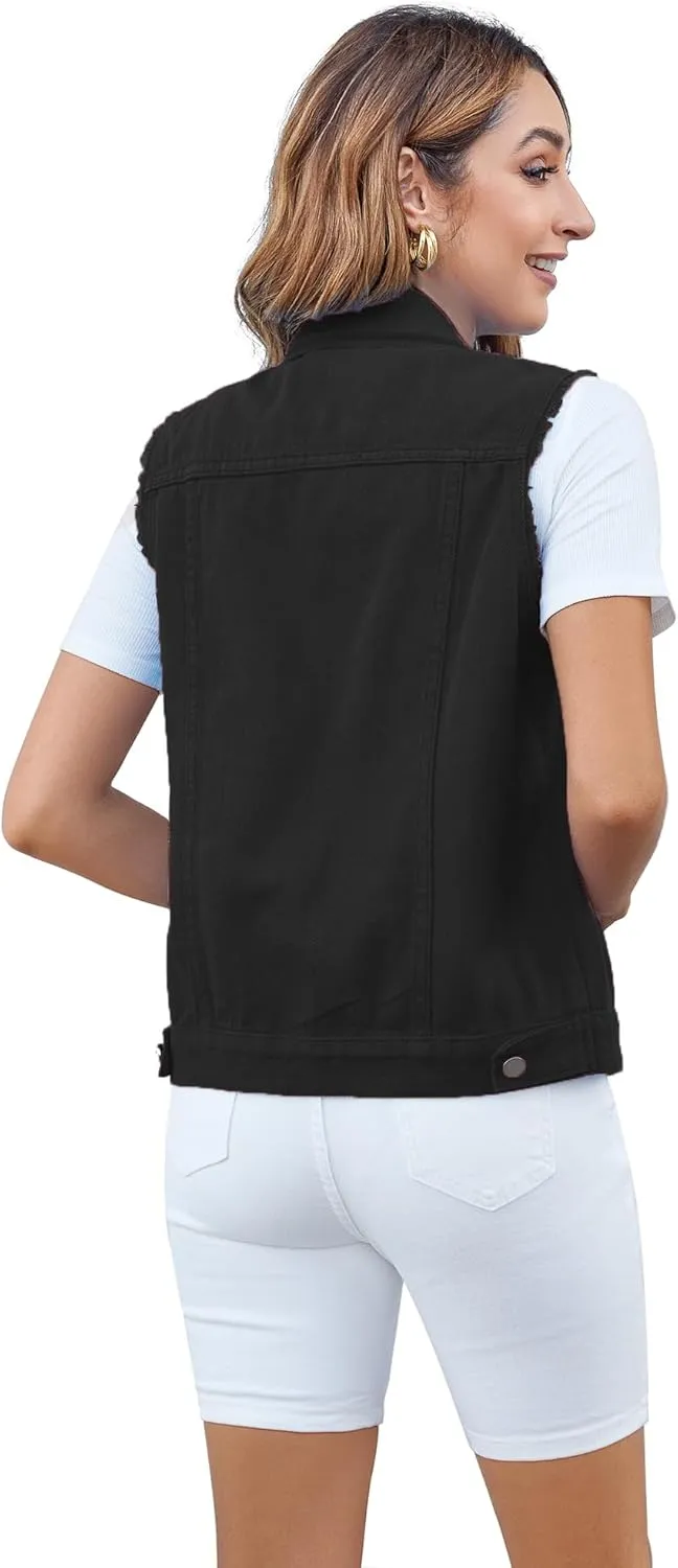 Women's Vests Denim Jacket Sleeveless Slim Fit Distressed Crop Coats with Pockets
