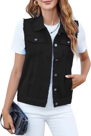 Women's Vests Denim Jacket Sleeveless Slim Fit Distressed Crop Coats with Pockets