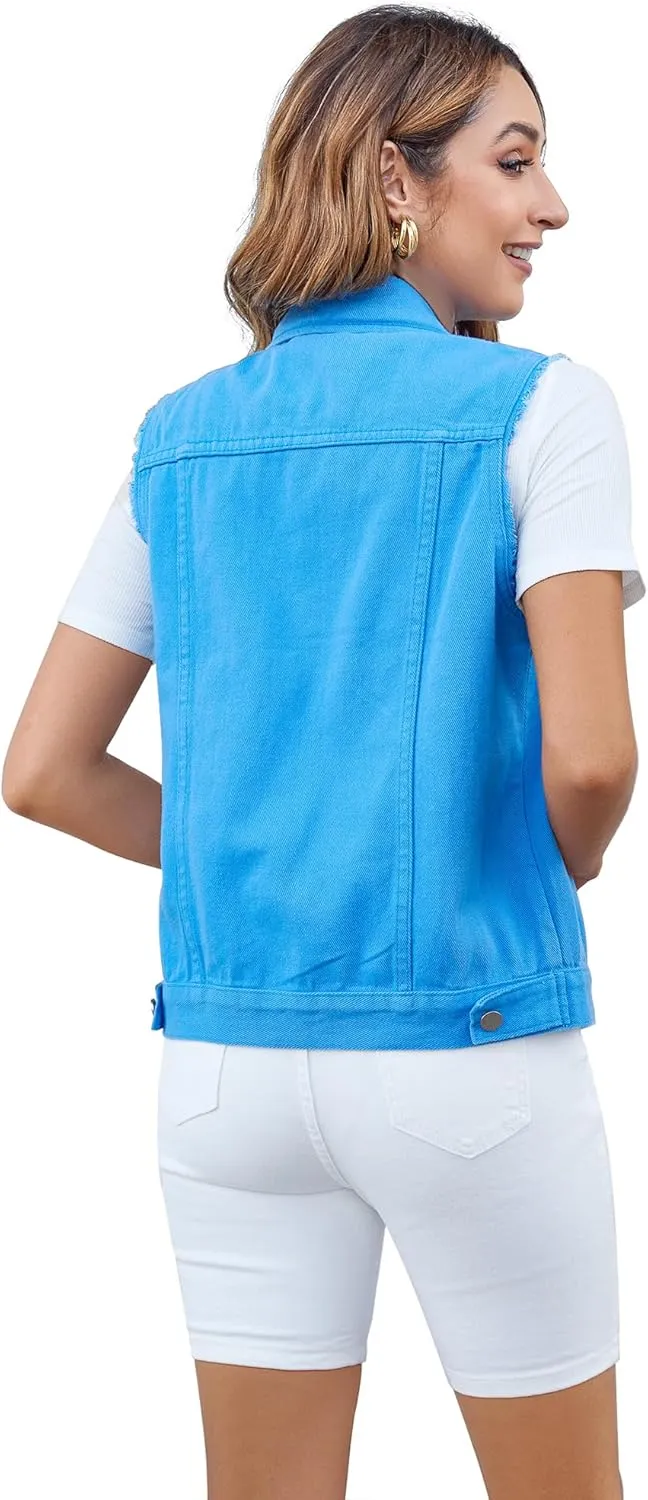 Women's Vests Denim Jacket Sleeveless Slim Fit Distressed Crop Coats with Pockets