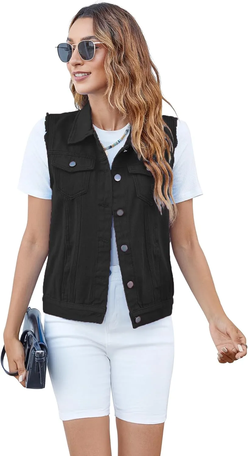 Women's Vests Denim Jacket Sleeveless Slim Fit Distressed Crop Coats with Pockets