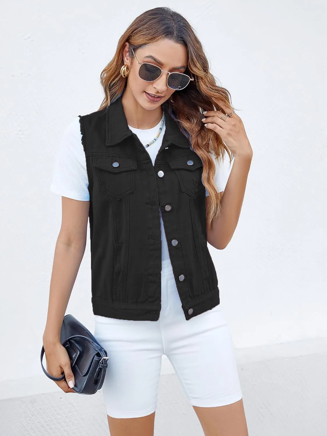 Women's Vests Denim Jacket Sleeveless Slim Fit Distressed Crop Coats with Pockets