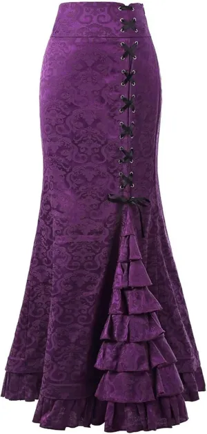 Women's Victorian Vintage Maxi Skirt Side Lace-Up High Waist Ruffle Fishtail Mermaid Skirts Steampunk Gothic Skirt