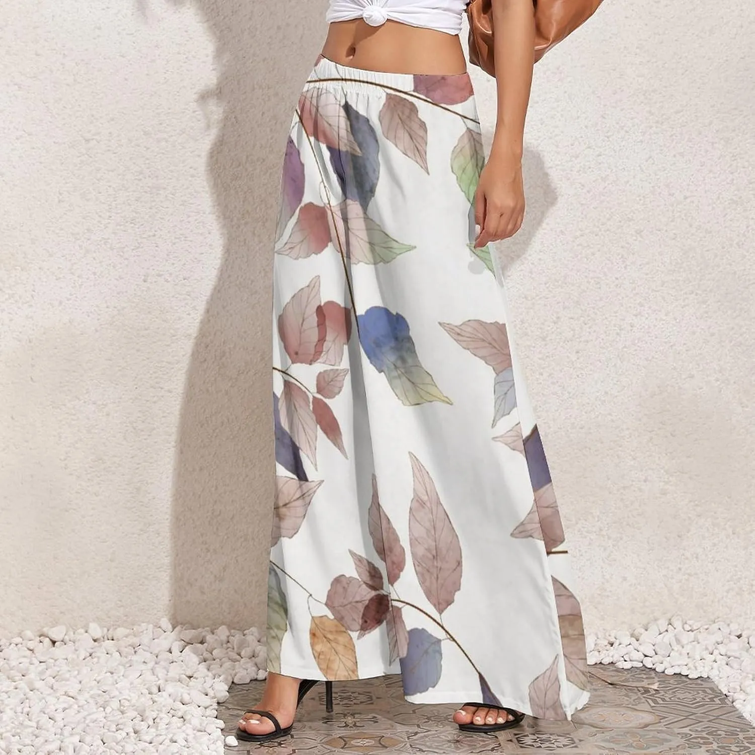 Womens Wide Leg Pants Autumn Maple Leaves Dressy High Waist Trousers Casual Loose Flowy Palazzo Pants