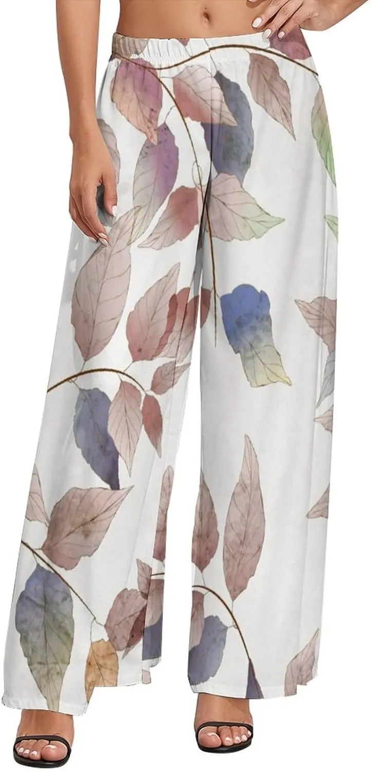 Womens Wide Leg Pants Autumn Maple Leaves Dressy High Waist Trousers Casual Loose Flowy Palazzo Pants