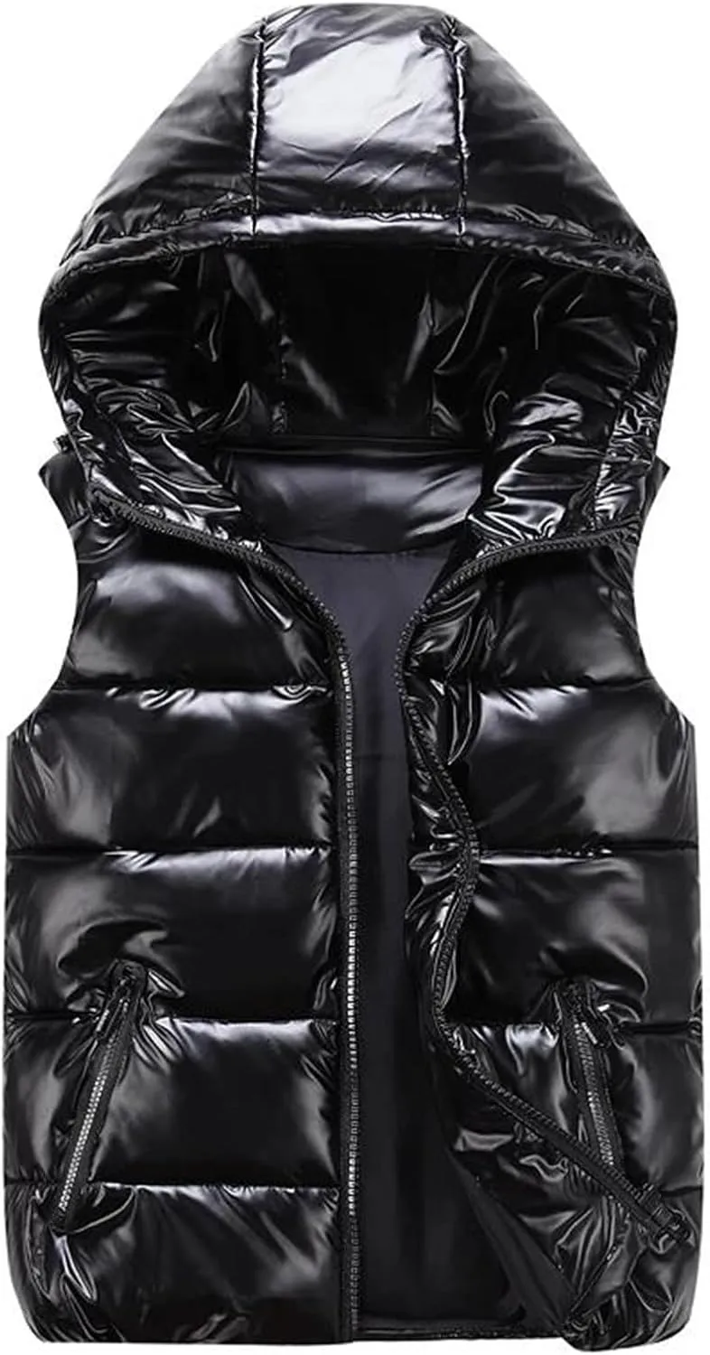 Women's Winter Hooded Short Vests - Solid Color Cotton Padded Sleeveless Warm Coat