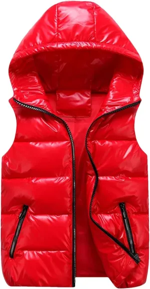 Women's Winter Hooded Short Vests - Solid Color Cotton Padded Sleeveless Warm Coat