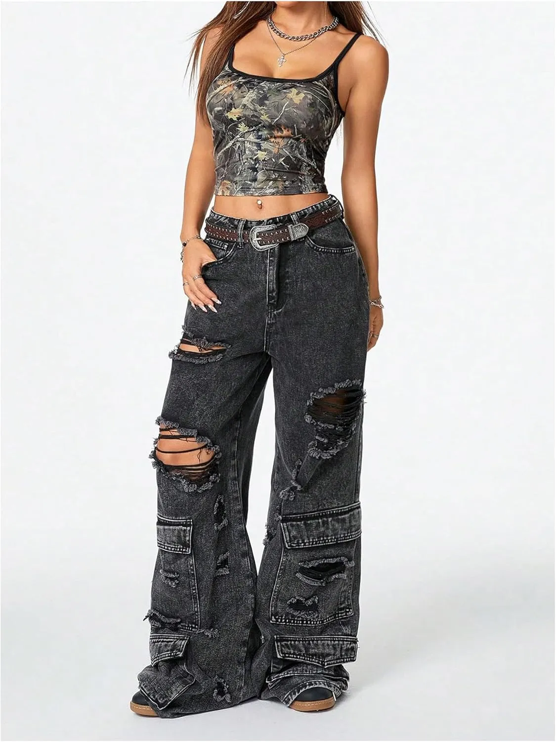Women's Y2k Camo Graphic Print Tops Sleeveless Camisole Fitted Spaghetti Strap Crop Cami Tank Top