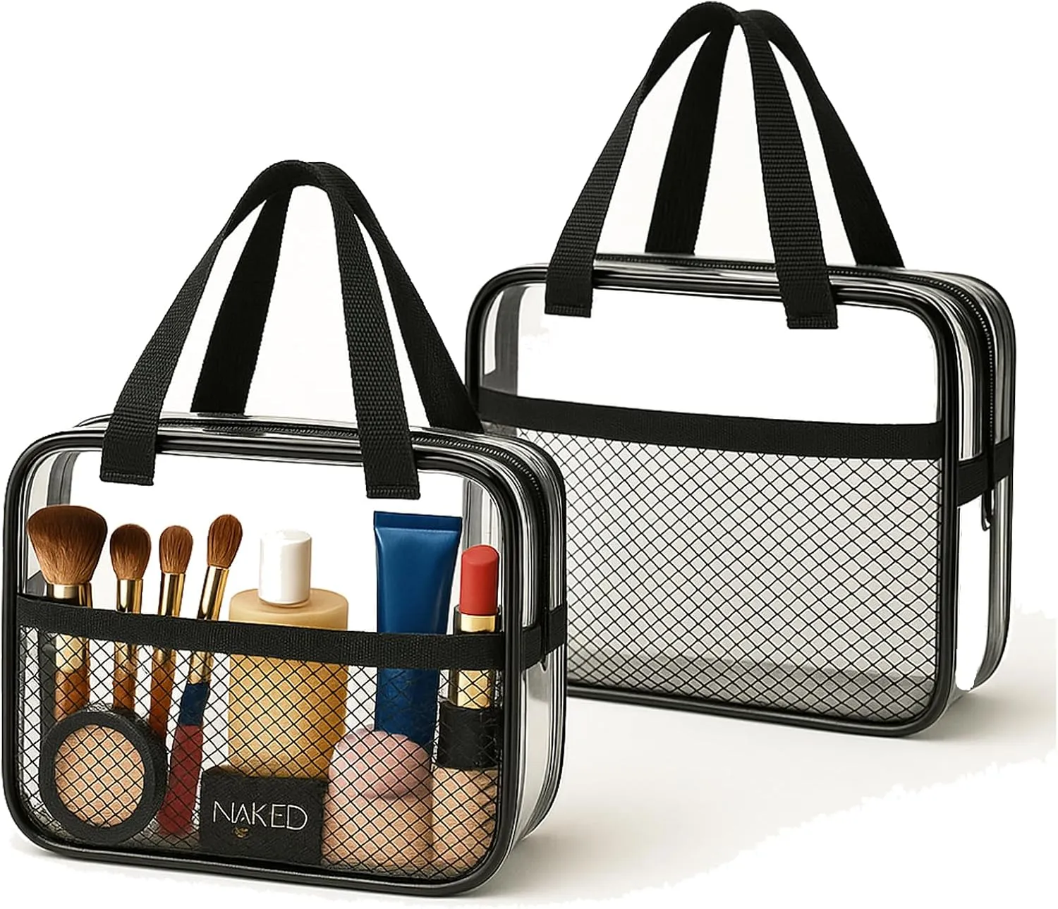 XEWEA 2PCS Middle TSA Approved Clear Travel Toiletry Bags for Men Women,Transparent Makeup Cosmetic Bag with Handle Zipper, Waterproof PVC Quart Organizer Pouch for Airport Airline Essential, Balck