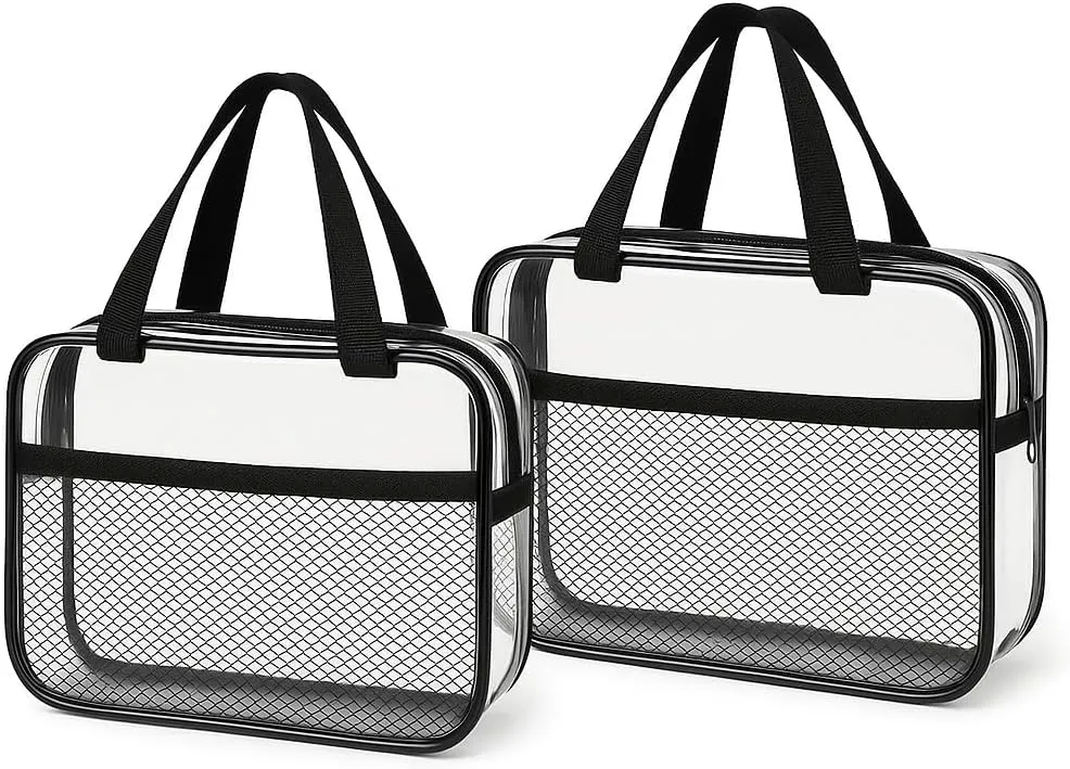 XEWEA 2PCS Middle TSA Approved Clear Travel Toiletry Bags for Men Women,Transparent Makeup Cosmetic Bag with Handle Zipper, Waterproof PVC Quart Organizer Pouch for Airport Airline Essential, Balck