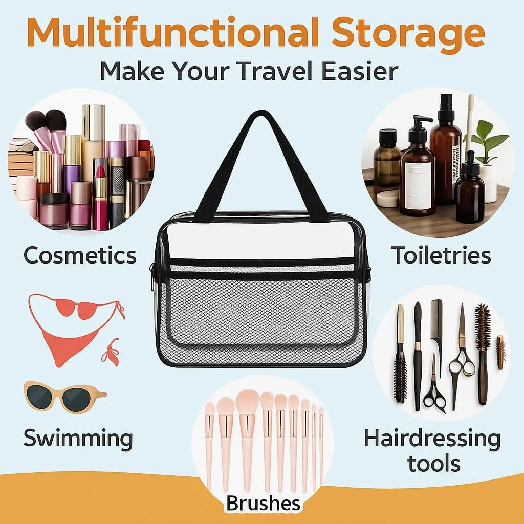 XEWEA 2PCS Middle TSA Approved Clear Travel Toiletry Bags for Men Women,Transparent Makeup Cosmetic Bag with Handle Zipper, Waterproof PVC Quart Organizer Pouch for Airport Airline Essential, Balck