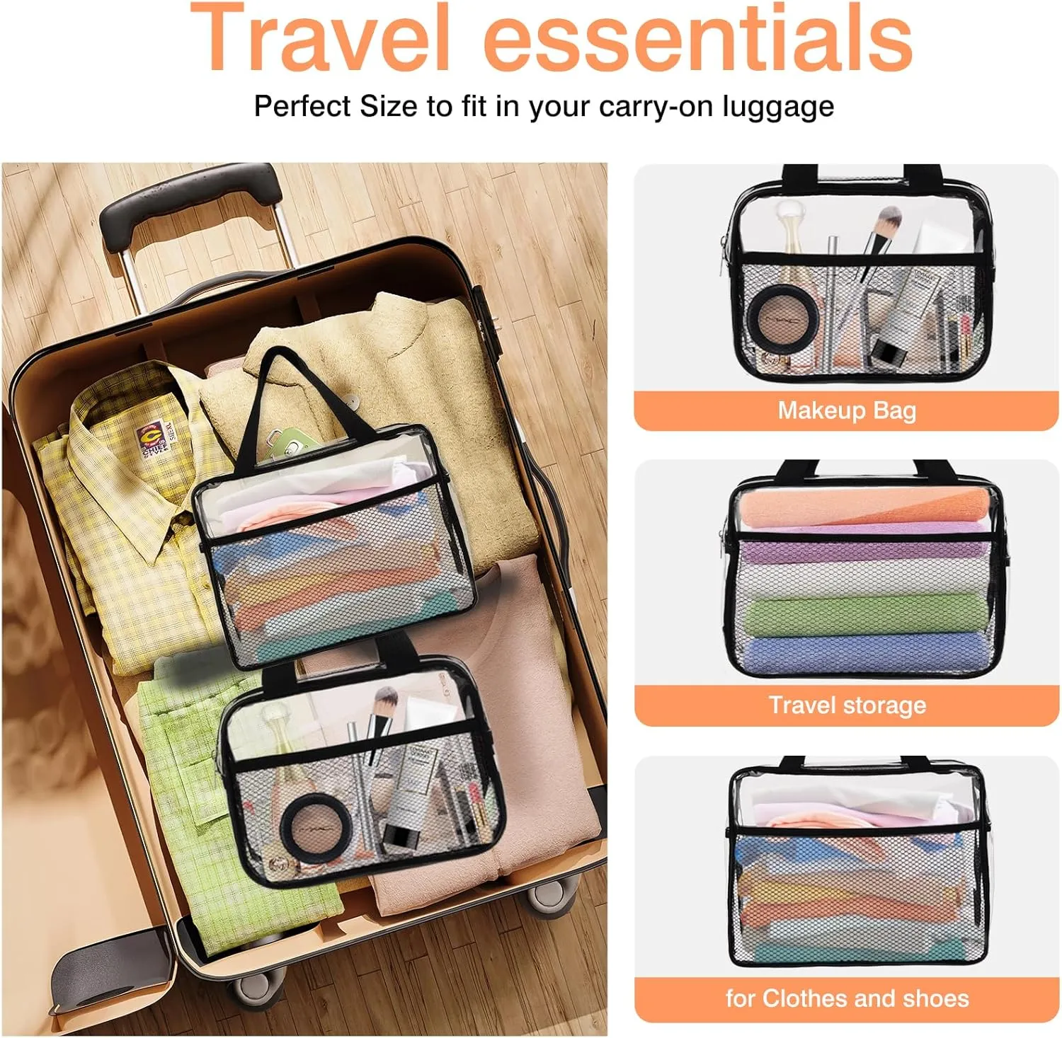XEWEA 2PCS Middle TSA Approved Clear Travel Toiletry Bags for Men Women,Transparent Makeup Cosmetic Bag with Handle Zipper, Waterproof PVC Quart Organizer Pouch for Airport Airline Essential, Balck