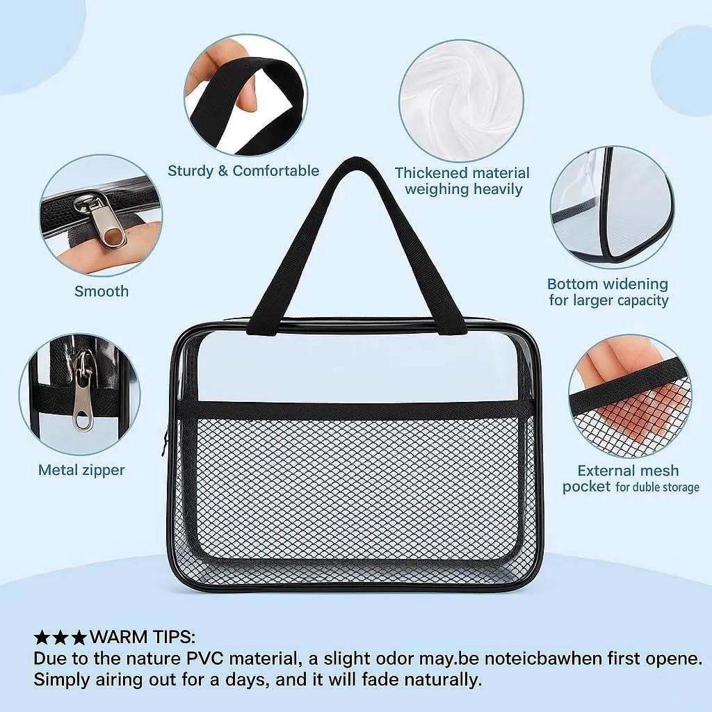 XEWEA 2PCS Middle TSA Approved Clear Travel Toiletry Bags for Men Women,Transparent Makeup Cosmetic Bag with Handle Zipper, Waterproof PVC Quart Organizer Pouch for Airport Airline Essential, Balck