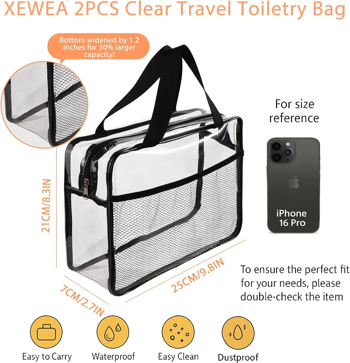 XEWEA 2PCS Middle TSA Approved Clear Travel Toiletry Bags for Men Women,Transparent Makeup Cosmetic Bag with Handle Zipper, Waterproof PVC Quart Organizer Pouch for Airport Airline Essential, Balck