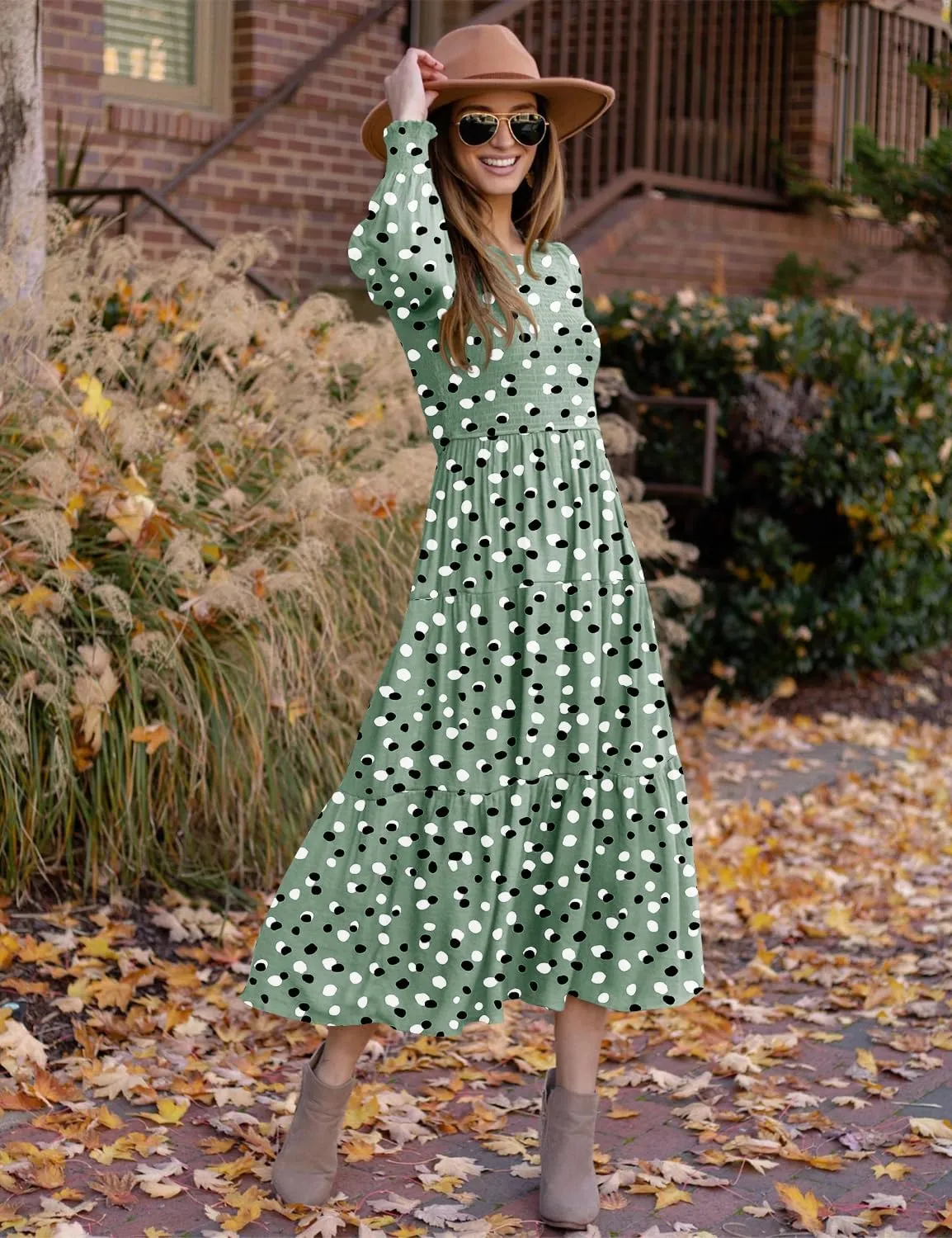 YESNO Women Casual Maxi Dresses Long Sleeve Boho Smocked Elastic Waist Flowy Tiered Dress with Pockets E05TYP2