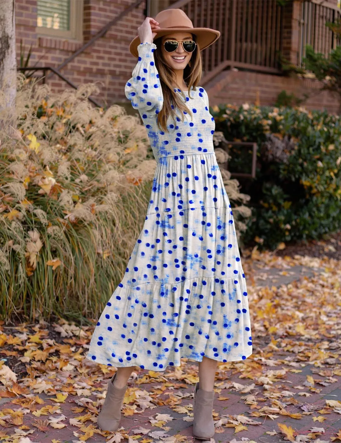 YESNO Women Casual Maxi Dresses Long Sleeve Boho Smocked Elastic Waist Flowy Tiered Dress with Pockets E05TYP2