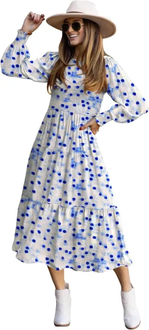 YESNO Women Casual Maxi Dresses Long Sleeve Boho Smocked Elastic Waist Flowy Tiered Dress with Pockets E05TYP2