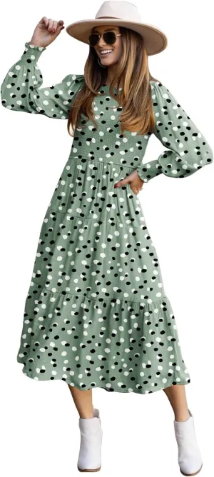 YESNO Women Casual Maxi Dresses Long Sleeve Boho Smocked Elastic Waist Flowy Tiered Dress with Pockets E05TYP2