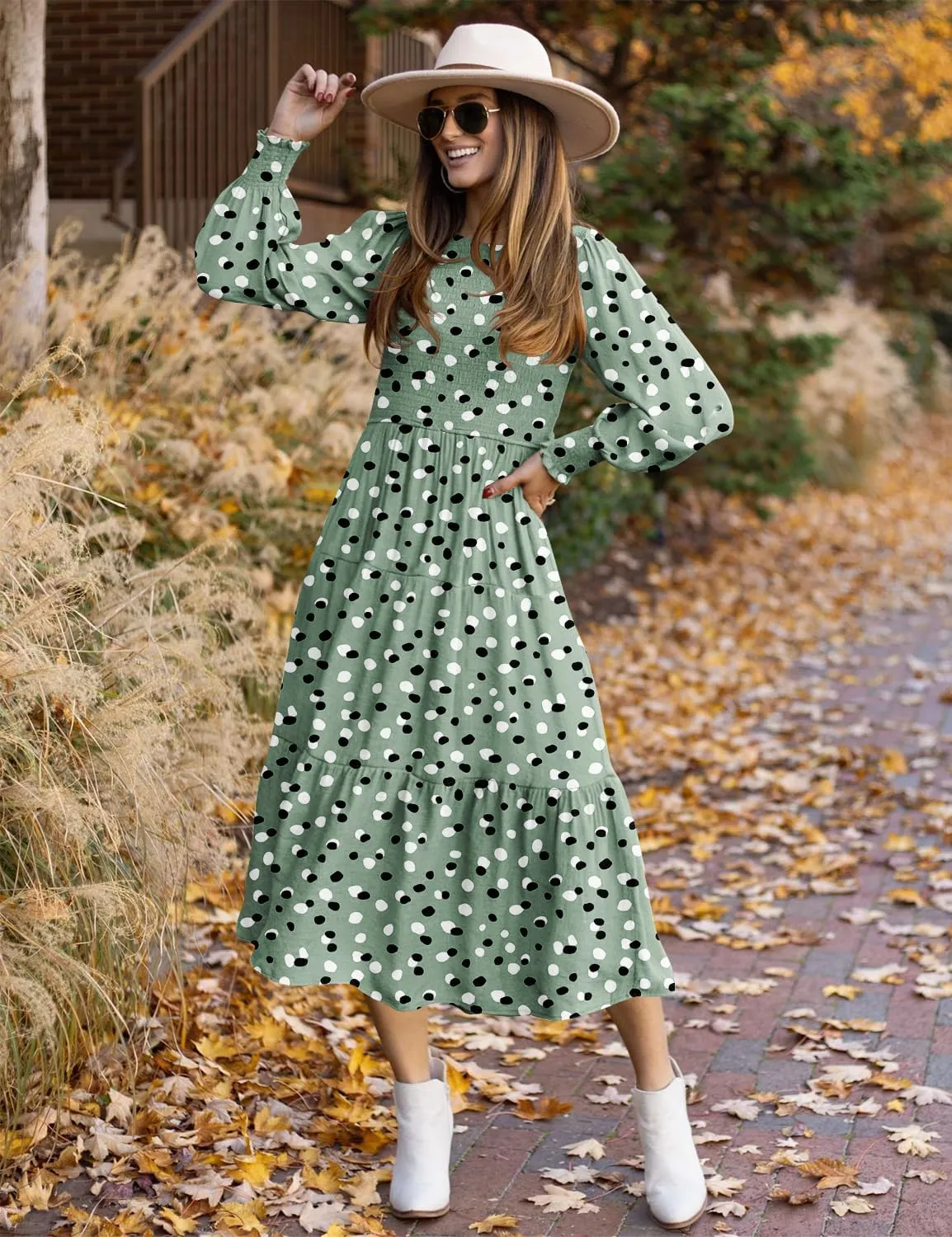 YESNO Women Casual Maxi Dresses Long Sleeve Boho Smocked Elastic Waist Flowy Tiered Dress with Pockets E05TYP2