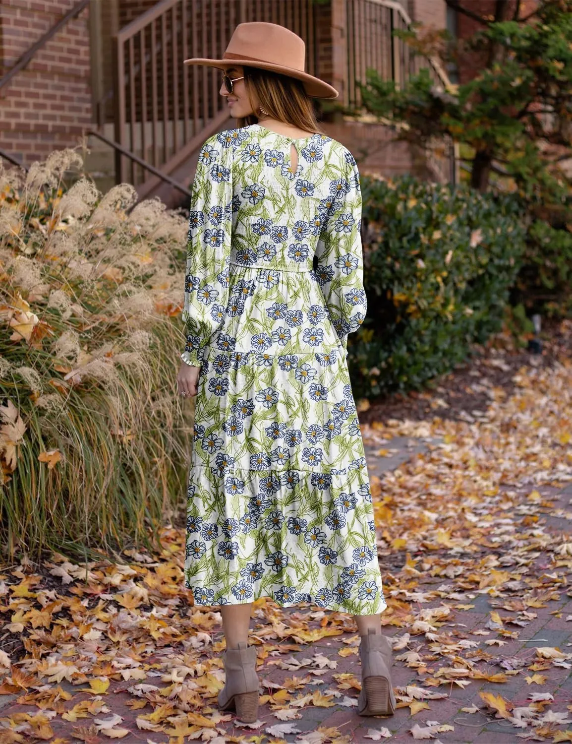 YESNO Women Casual Maxi Dresses Long Sleeve Boho Smocked Elastic Waist Flowy Tiered Dress with Pockets E05TYP2