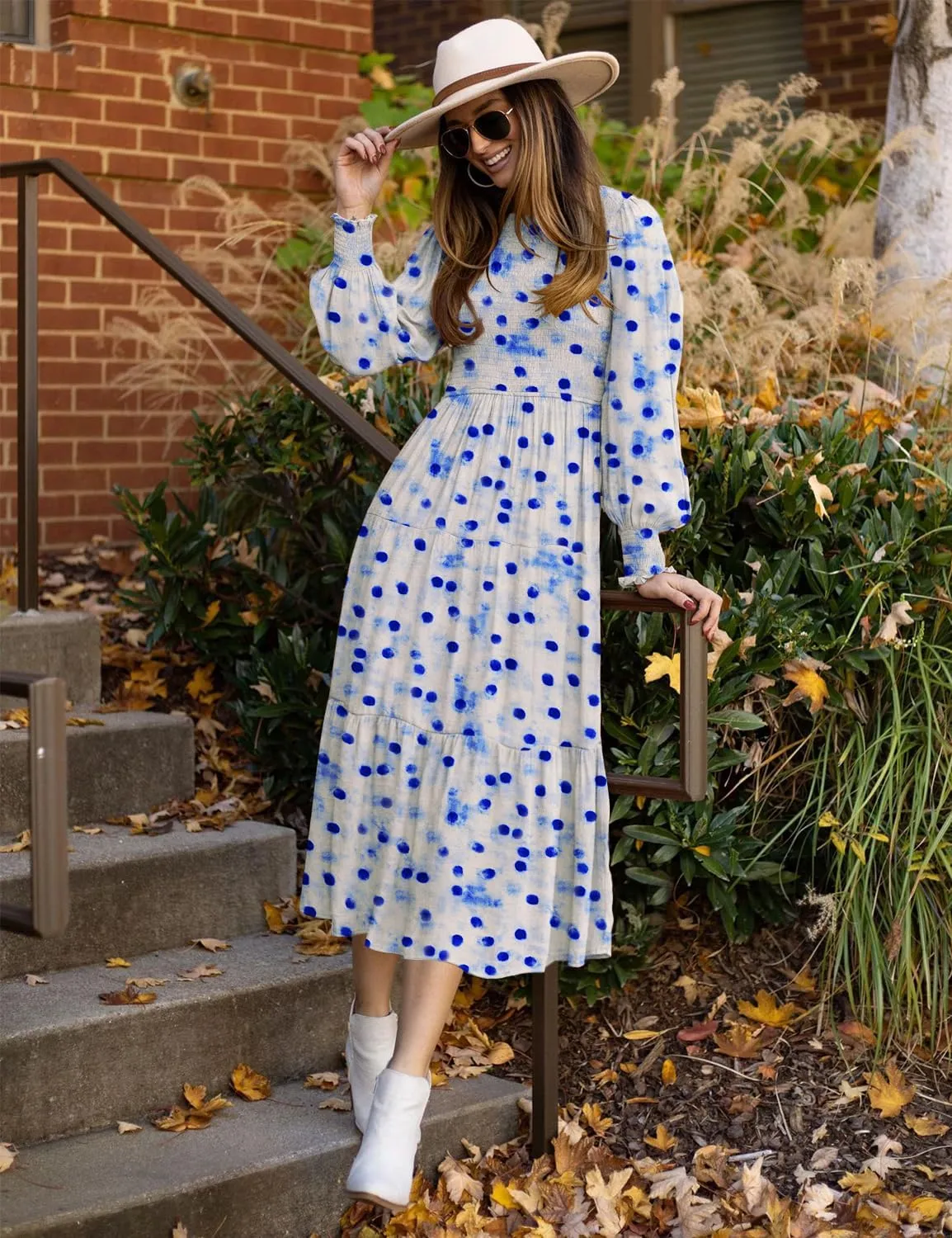 YESNO Women Casual Maxi Dresses Long Sleeve Boho Smocked Elastic Waist Flowy Tiered Dress with Pockets E05TYP2
