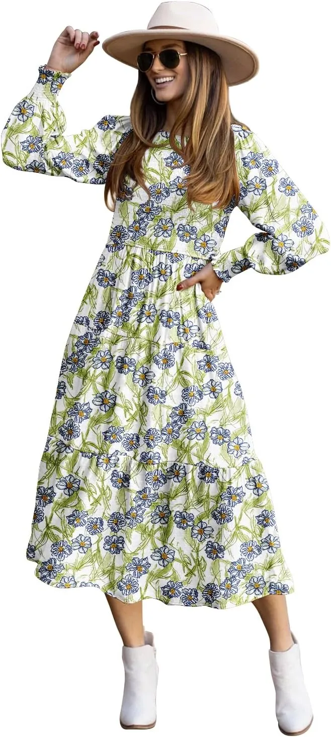 YESNO Women Casual Maxi Dresses Long Sleeve Boho Smocked Elastic Waist Flowy Tiered Dress with Pockets E05TYP2