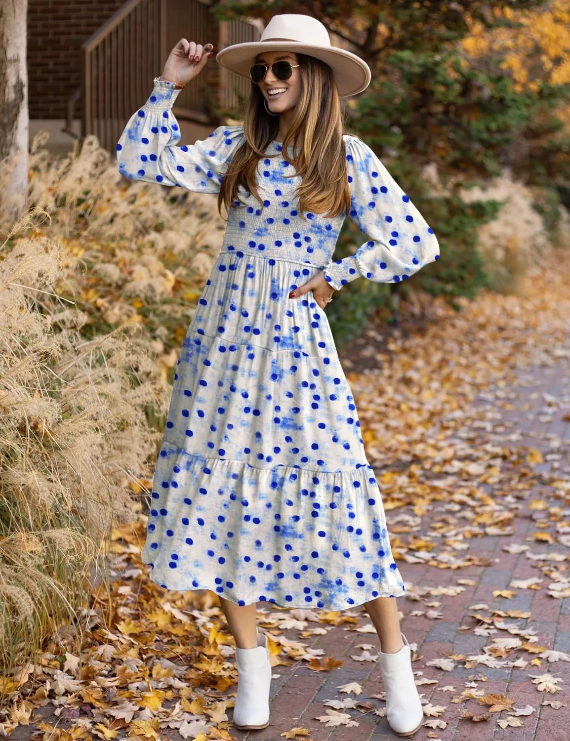 YESNO Women Casual Maxi Dresses Long Sleeve Boho Smocked Elastic Waist Flowy Tiered Dress with Pockets E05TYP2