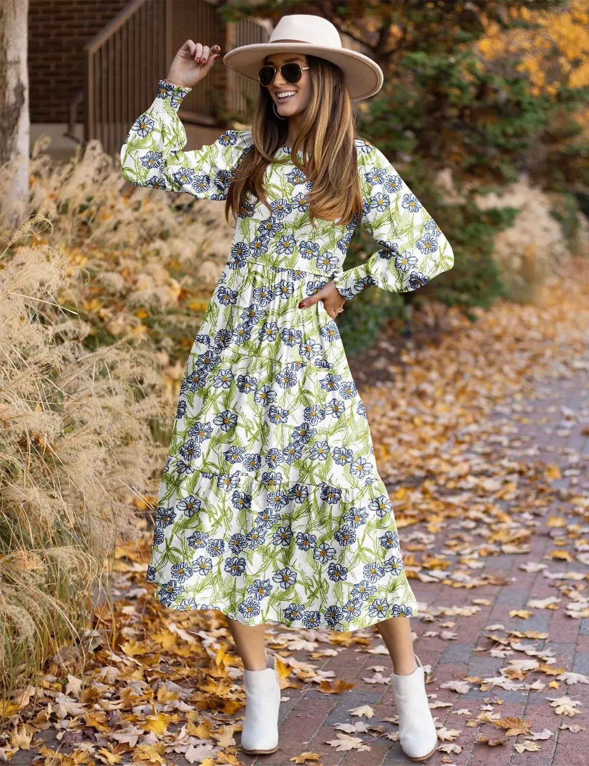 YESNO Women Casual Maxi Dresses Long Sleeve Boho Smocked Elastic Waist Flowy Tiered Dress with Pockets E05TYP2