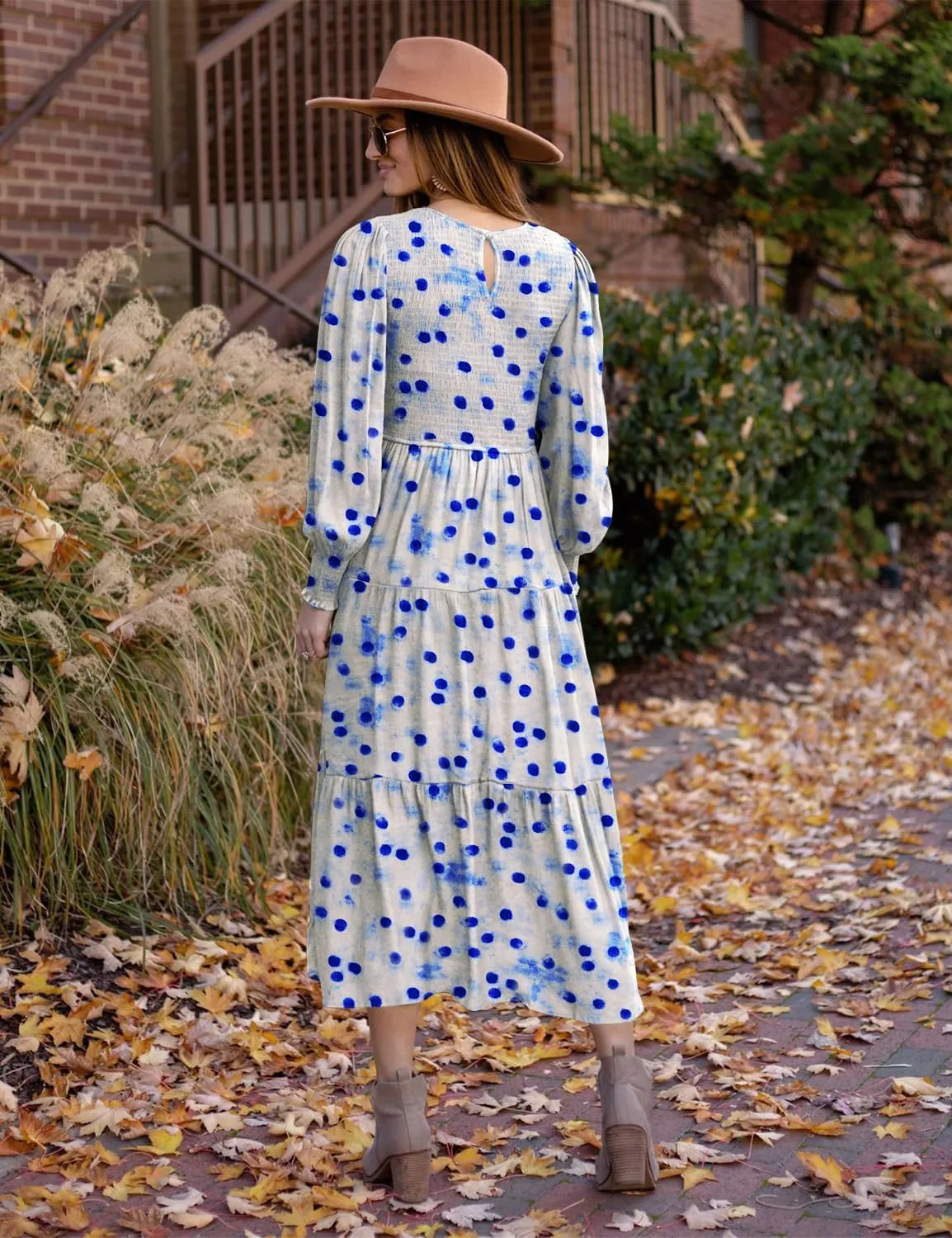 YESNO Women Casual Maxi Dresses Long Sleeve Boho Smocked Elastic Waist Flowy Tiered Dress with Pockets E05TYP2
