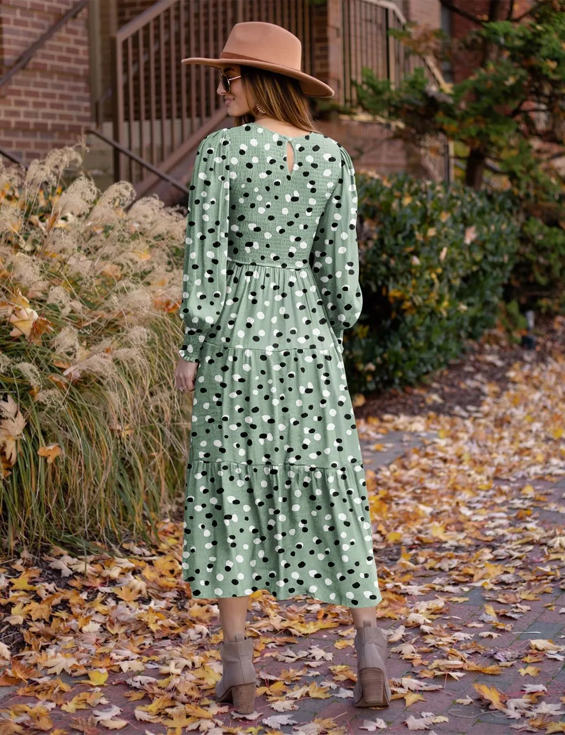 YESNO Women Casual Maxi Dresses Long Sleeve Boho Smocked Elastic Waist Flowy Tiered Dress with Pockets E05TYP2