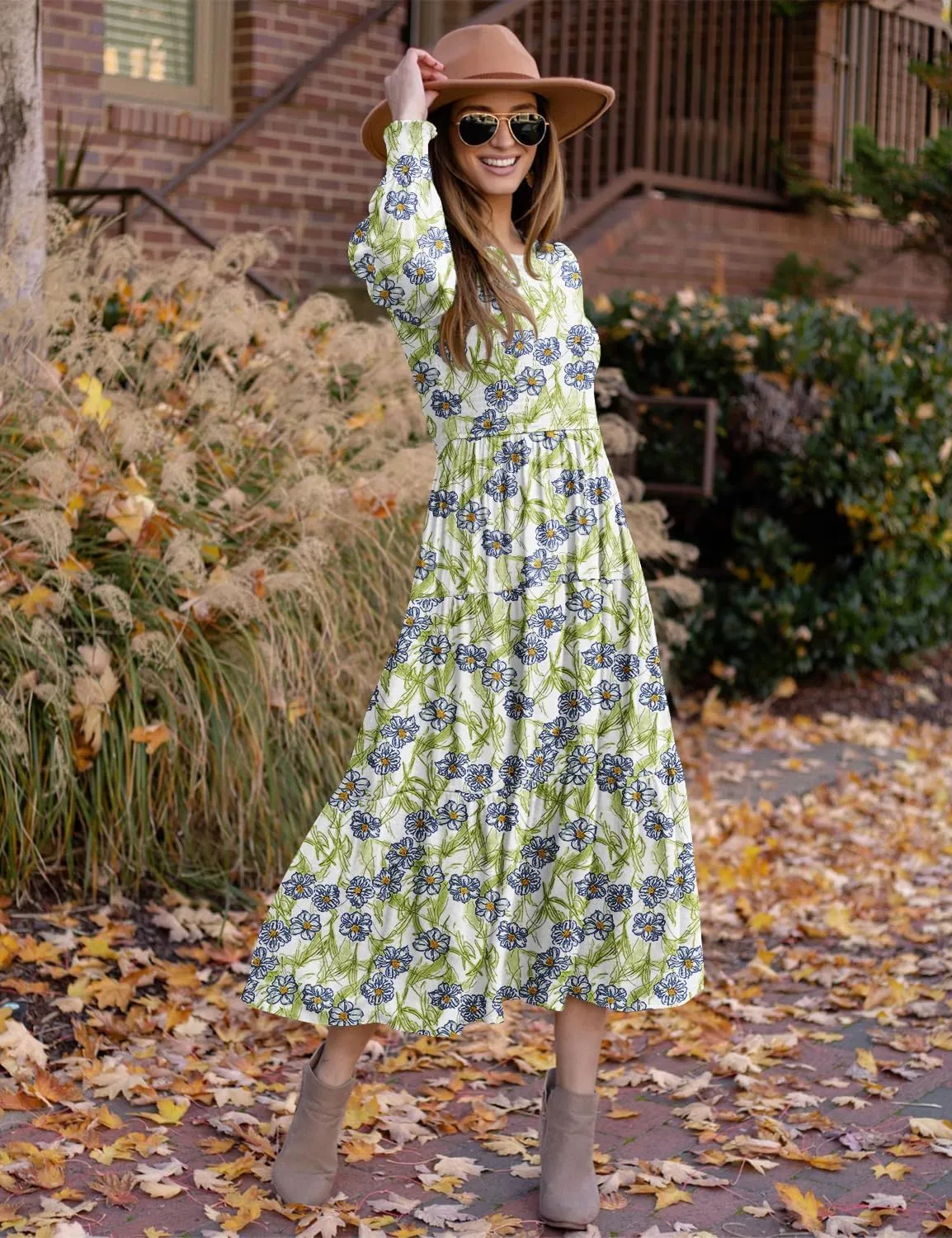 YESNO Women Casual Maxi Dresses Long Sleeve Boho Smocked Elastic Waist Flowy Tiered Dress with Pockets E05TYP2