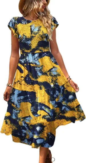 YESNO Women Summer Dresses Ruffle Cap Sleeve Casual Dress Boho Smocked Bodice Floral Dress with Pockets E05