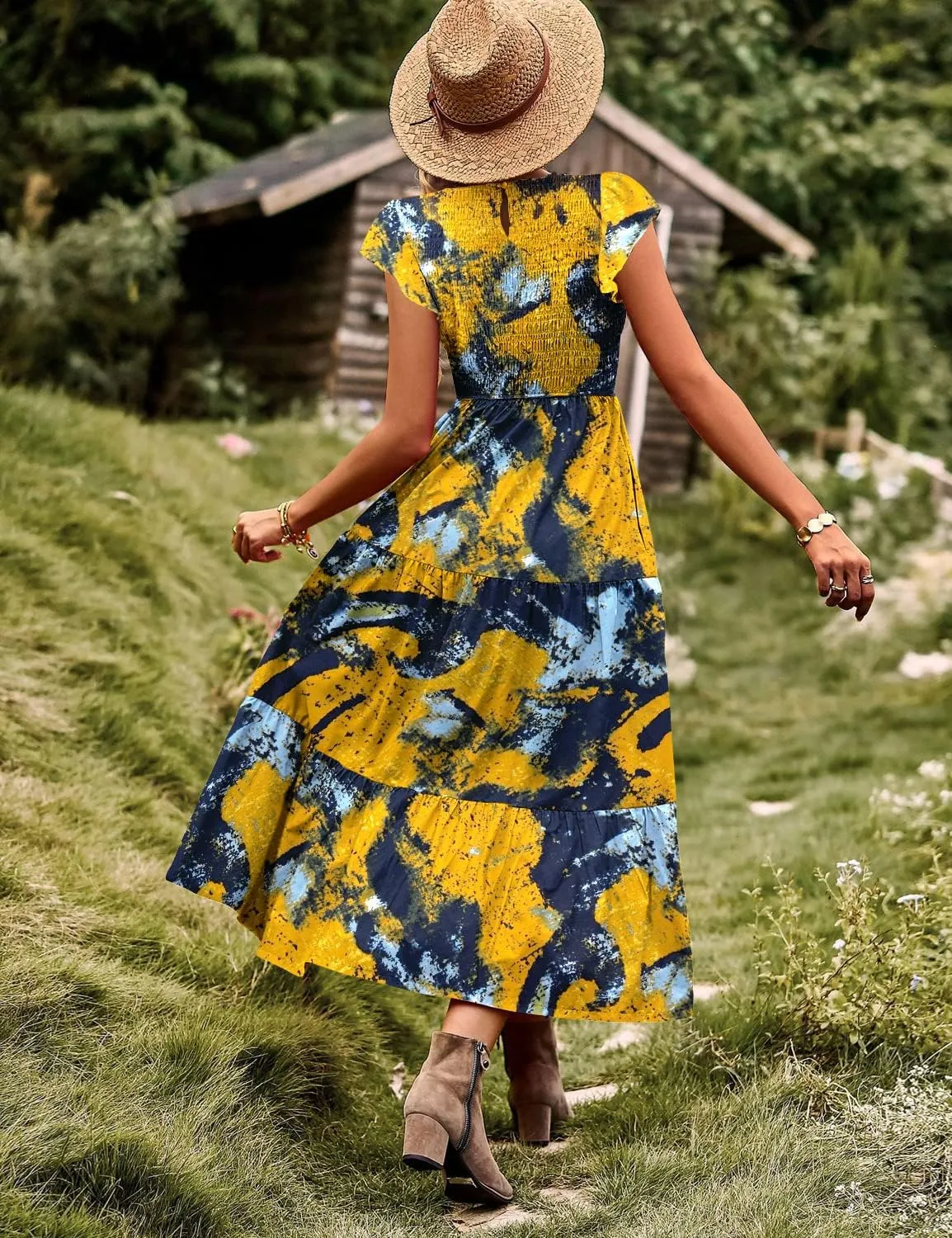 YESNO Women Summer Dresses Ruffle Cap Sleeve Casual Dress Boho Smocked Bodice Floral Dress with Pockets E05