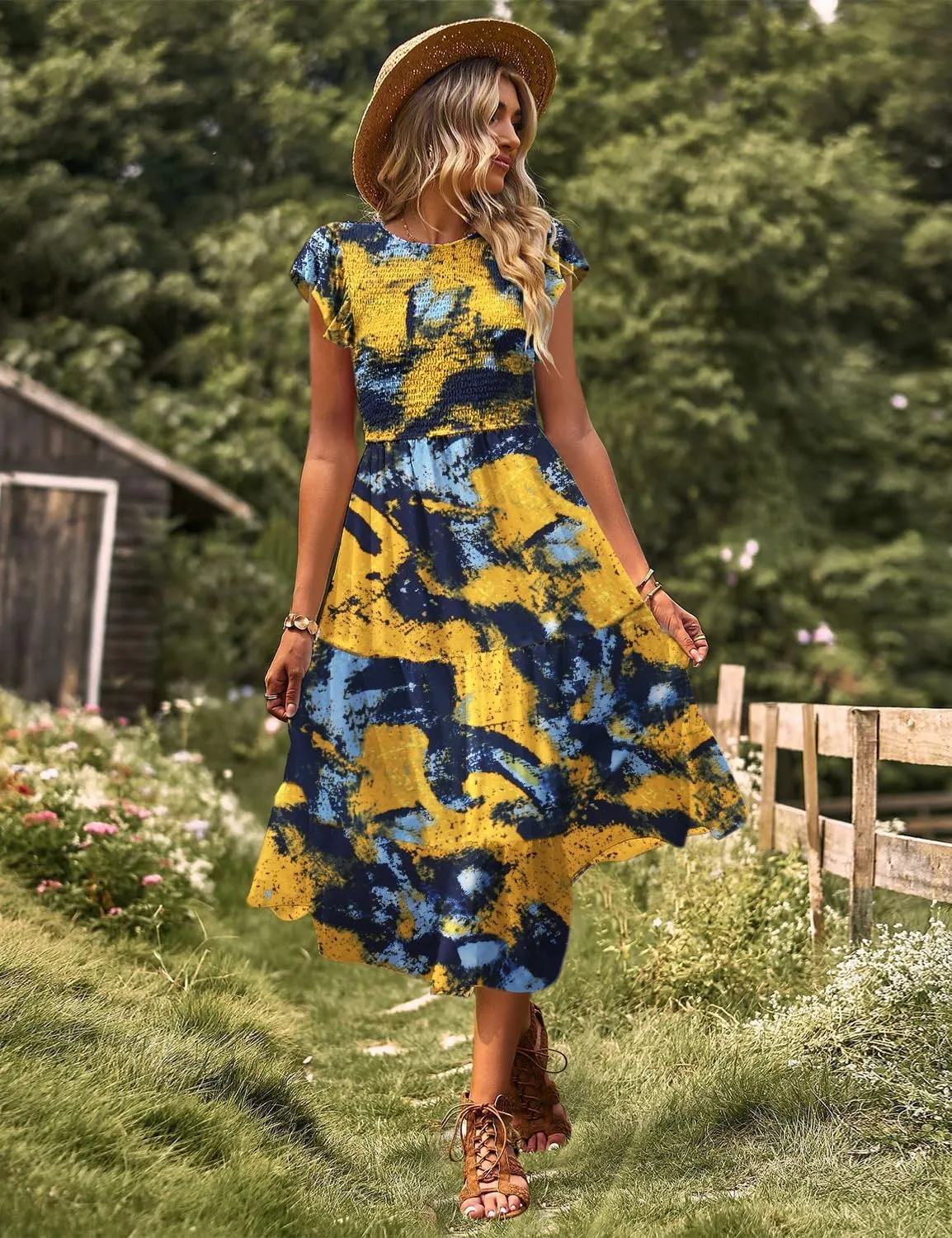 YESNO Women Summer Dresses Ruffle Cap Sleeve Casual Dress Boho Smocked Bodice Floral Dress with Pockets E05