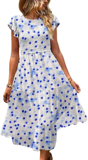 YESNO Women Summer Dresses Ruffle Cap Sleeve Casual Dress Boho Smocked Bodice Floral Dress with Pockets E05