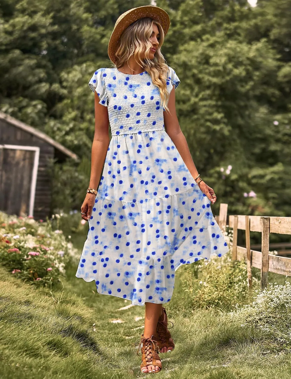 YESNO Women Summer Dresses Ruffle Cap Sleeve Casual Dress Boho Smocked Bodice Floral Dress with Pockets E05
