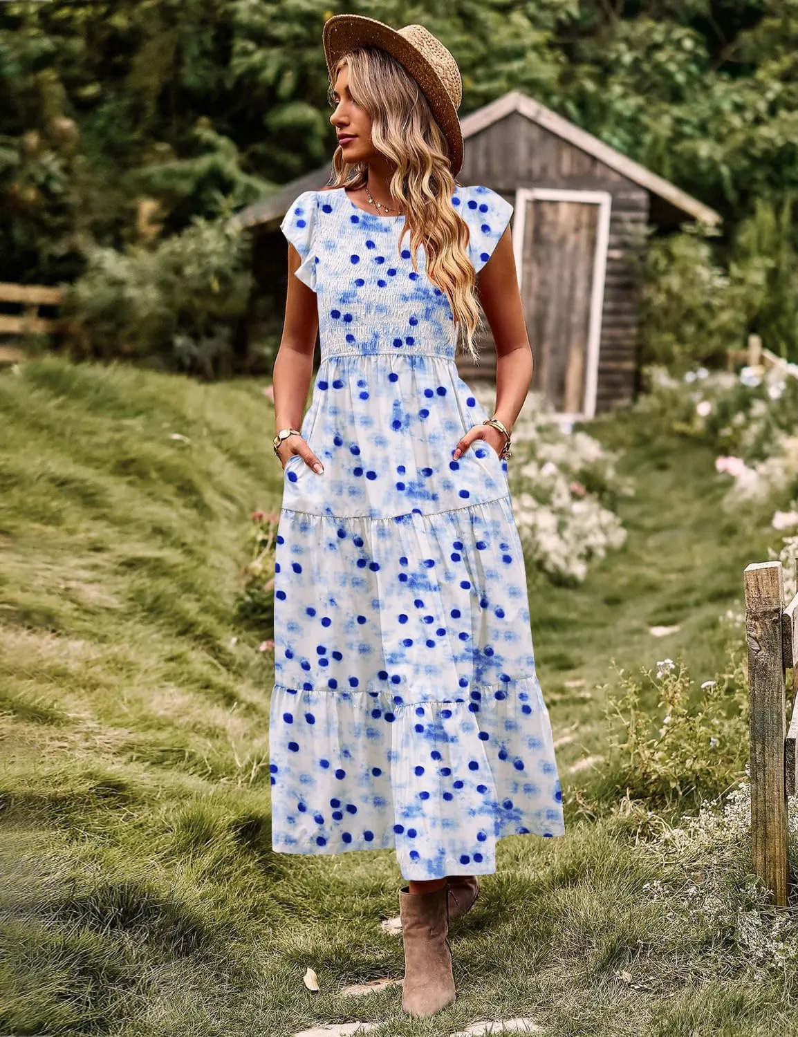 YESNO Women Summer Dresses Ruffle Cap Sleeve Casual Dress Boho Smocked Bodice Floral Dress with Pockets E05